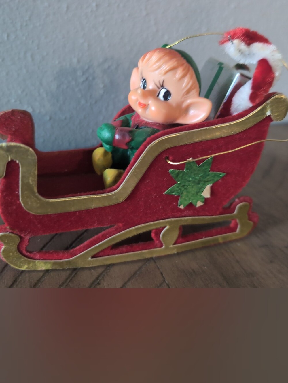 Vintage Elf in Red Felt Covered Sled Ornament
